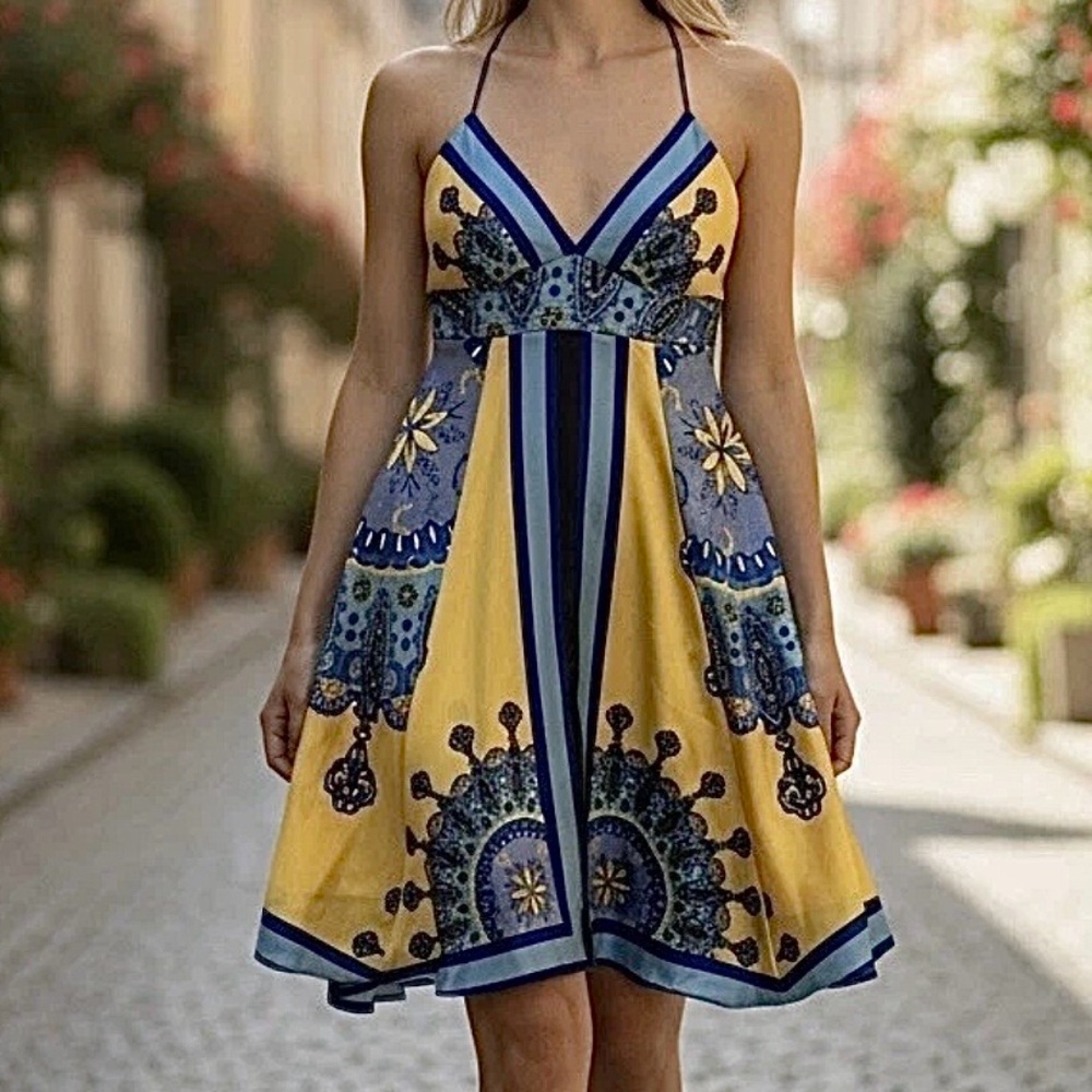Rubber Ducky Handkerchief Dress Blue & Yellow Spaghetti Strap Resortwear ~ Sz S